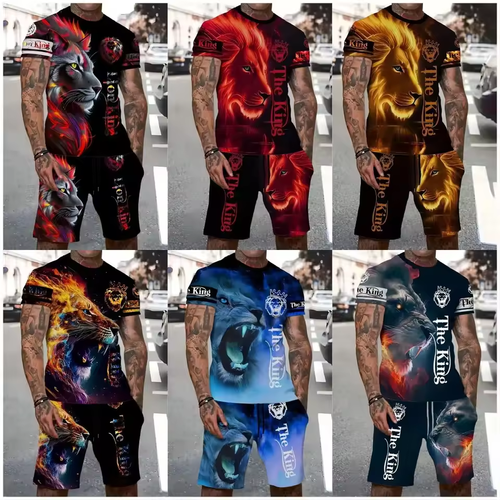 Summer New Men's Casual Daily Lion Print T-Shirt Sets Short-Sleeved T-Shirt Plus Rope Shorts for Summer Comfort