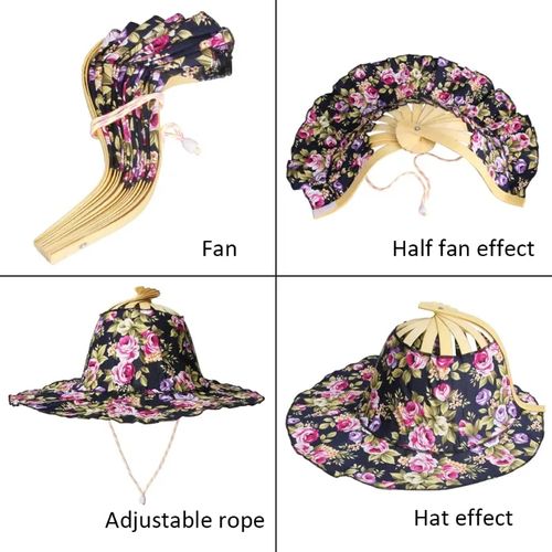 Folding Fan Foldable Bamboo Hat and Fan,Summer Beach Foldable Hat Fan,2 in 1Portable Hand Fan and Sun Hat Bamboo Frame