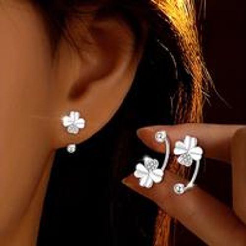 Elegant Silvery four-leaf clover stud earrings with screw buckle - hypoallergenic, square crystal Zirconia embellishment, versatile match, the best gift for your family, friends and significant others