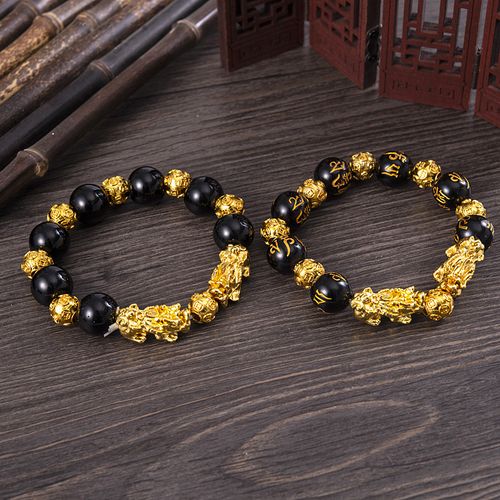 Manmade Obsidian Bracelet Gold Pixiu Bracelet Six-character bracelet Gifts Fengshui Bracelet