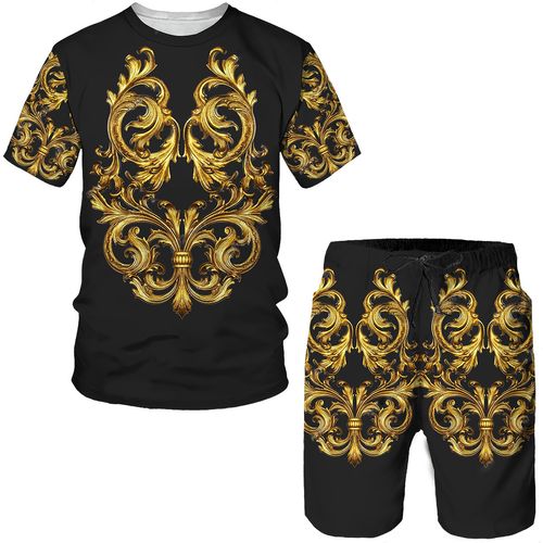 Summer New Men's Casual Daily Lion Print T-Shirt Sets Short-Sleeved T-Shirt Plus Rope Shorts for Summer Comfort