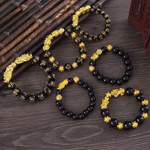 Manmade Obsidian Bracelet Gold Pixiu Bracelet Six-character bracelet Gifts Fengshui Bracelet
