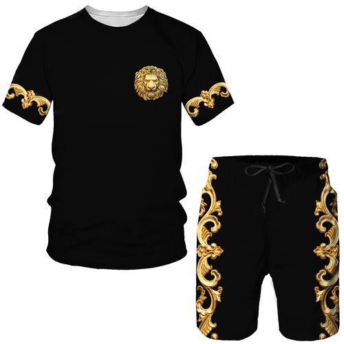 Summer New Men's Casual Daily Lion Print T-Shirt Sets Short-Sleeved T-Shirt Plus Rope Shorts for Summer Comfort