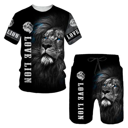 Summer New Men's Casual Daily Lion Print T-Shirt Sets Short-Sleeved T-Shirt Plus Rope Shorts for Summer Comfort