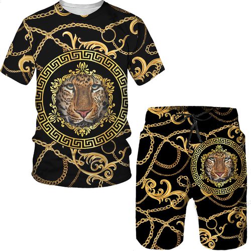 Summer New Men's Casual Daily Lion Print T-Shirt Sets Short-Sleeved T-Shirt Plus Rope Shorts for Summer Comfort