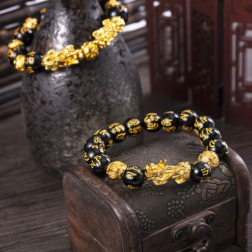 Manmade Obsidian Bracelet Gold Pixiu Bracelet Six-character bracelet Gifts Fengshui Bracelet