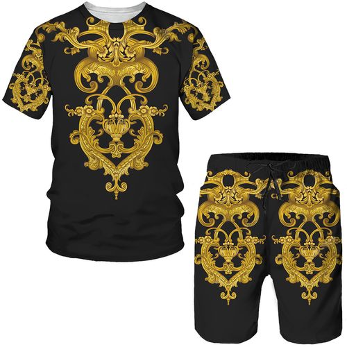 Summer New Men's Casual Daily Lion Print T-Shirt Sets Short-Sleeved T-Shirt Plus Rope Shorts for Summer Comfort