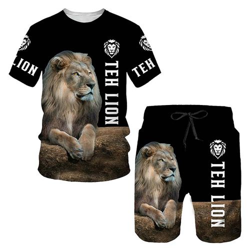 Summer New Men's Casual Daily Lion Print T-Shirt Sets Short-Sleeved T-Shirt Plus Rope Shorts for Summer Comfort