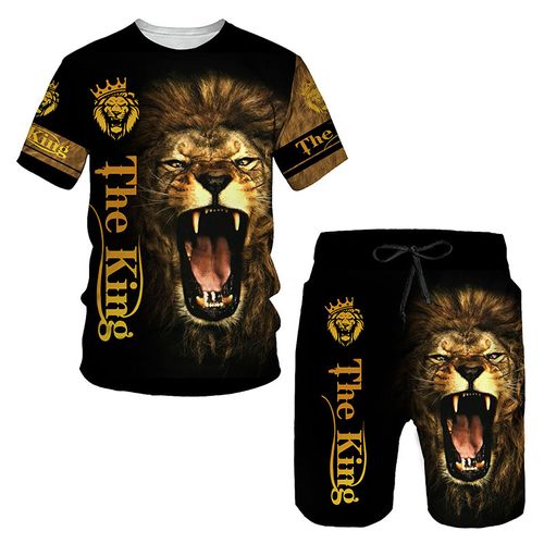 Summer New Men's Casual Daily Lion Print T-Shirt Sets Short-Sleeved T-Shirt Plus Rope Shorts for Summer Comfort