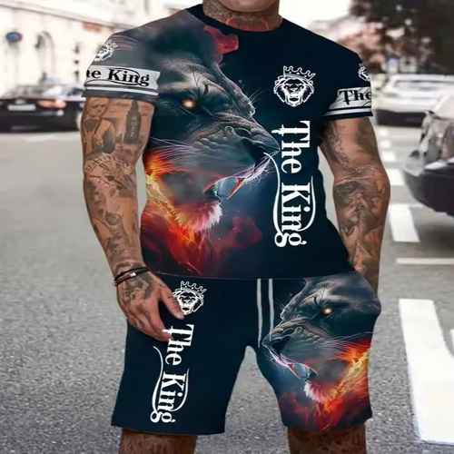 Summer New Men's Casual Daily Lion Print T-Shirt Sets Short-Sleeved T-Shirt Plus Rope Shorts for Summer Comfort