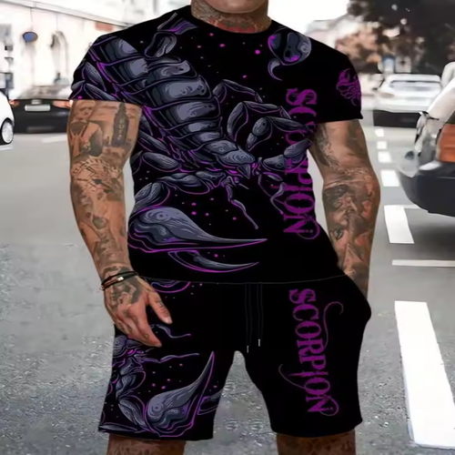 Summer New Men's Casual Daily Lion Print T-Shirt Sets Short-Sleeved T-Shirt Plus Rope Shorts for Summer Comfort