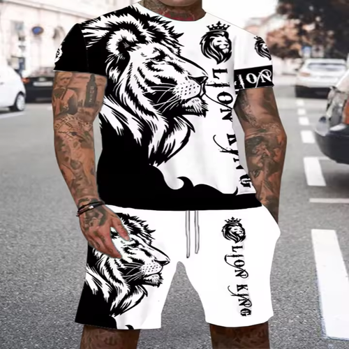 Summer New Men's Casual Daily Lion Print T-Shirt Sets Short-Sleeved T-Shirt Plus Rope Shorts for Summer Comfort