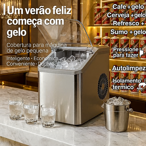 Máquina de Gelo Portátil 12KG/Dia – Gelo em 6 Minutos, Duas Tamanhos, Autolimpeza, Silenciosa e Ideal para Angola