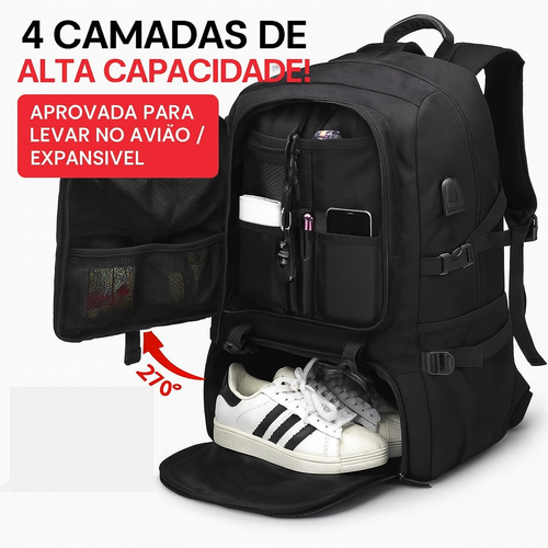 Mochila de Viagem 80L Expansível com Compartimento para Sapatos e Porta USB | Ideal para Trabalho e Viagens