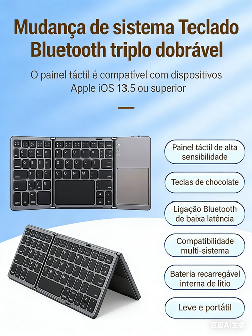Teclado Bluetooth Dobrável com Touchpad para iOS Android Windows Teclado Sem Fios Multi-dispositivos