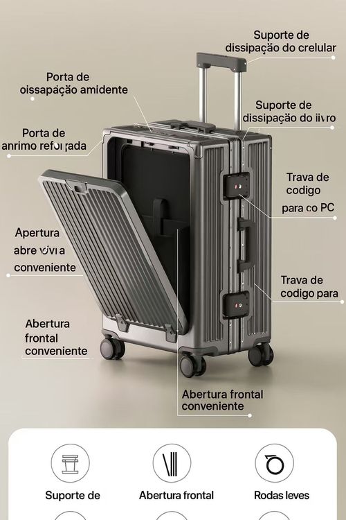 Mala de Viagem Inteligente com Abertura Frontal, Porta USB e Cadeado TSA
