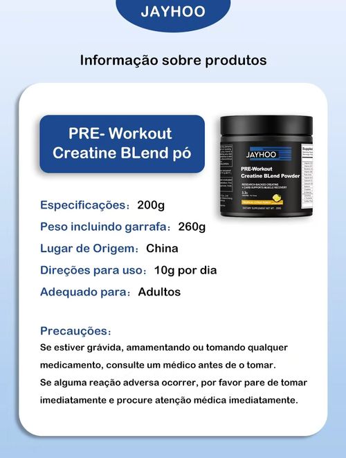 JAYHOO Pré-Treino Creatina em Pó 💥 - Força Explosiva, Energia Sem Fim e Crescimento Muscular Insano | Certificado ISO, cGMP, HACCP