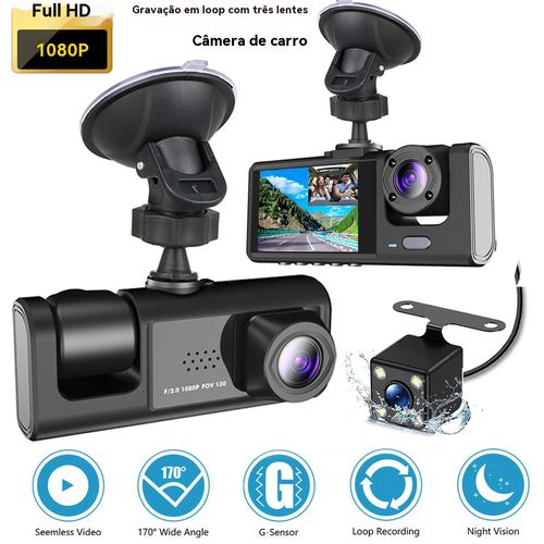 Gravador de Veículo 3 Lentes Full HD 1080P | Visão Noturna + Câmera de Ré - Segurança Angola