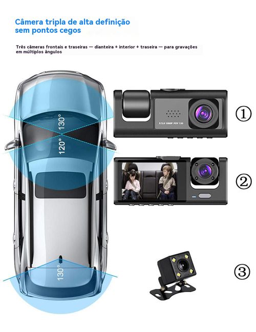 Gravador de Veículo 3 Lentes Full HD 1080P | Visão Noturna + Câmera de Ré - Segurança Angola