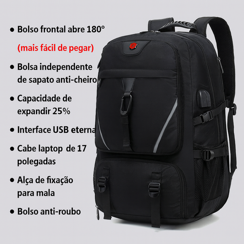 Mochila de Viagem 80L Expansível com Compartimento para Sapatos e Porta USB | Ideal para Trabalho e Viagens