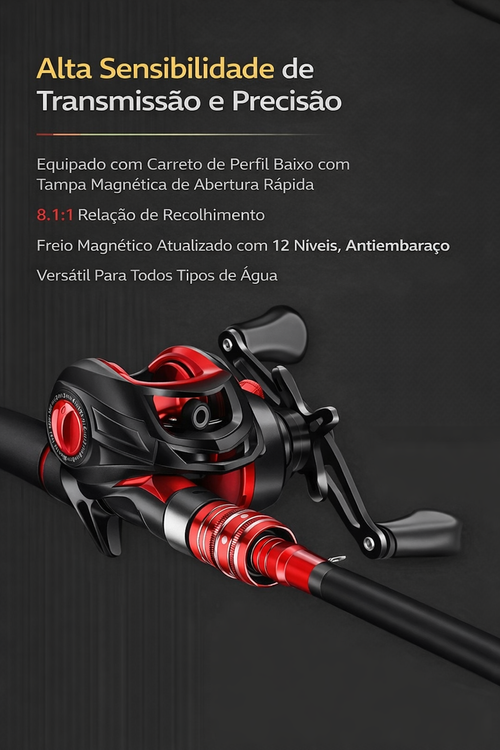 Vara de Pesca em Fibra de Carbono Profissional com Carreto Metálico | Arremesso Longo