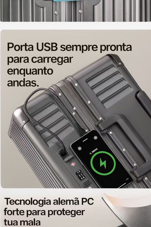 Mala de Viagem Inteligente com Abertura Frontal, Porta USB e Cadeado TSA