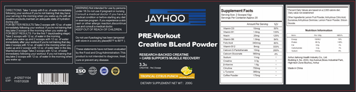 JAYHOO Pré-Treino Creatina em Pó 💥 - Força Explosiva, Energia Sem Fim e Crescimento Muscular Insano | Certificado ISO, cGMP, HACCP