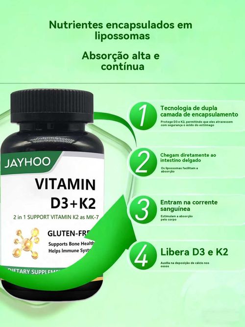 Cápsulas de Vitamina D3 + K2 | Saúde dos Ossos, Imunidade e Coração | Suplemento Natural