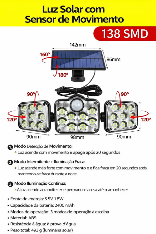 Luz Solar com Sensor de Movimento 138 LEDs | Iluminação Solar para Jardim | Entrega em Luanda COD