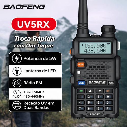 Rádio Comunicador Baofeng UV5RX 5W – Walkie Talkie Profissional de Longa Distância
