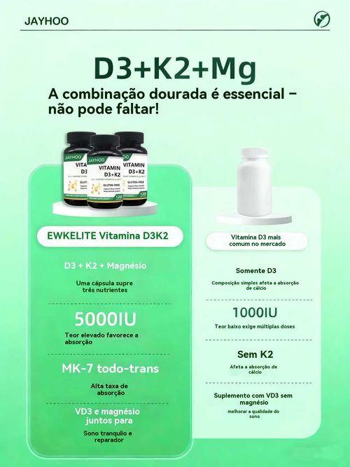 Cápsulas de Vitamina D3 + K2 | Saúde dos Ossos, Imunidade e Coração | Suplemento Natural