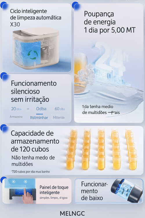 Máquina de Gelo Portátil 12KG/Dia – Gelo em 6 Minutos, Duas Tamanhos, Autolimpeza, Silenciosa e Ideal para Angola