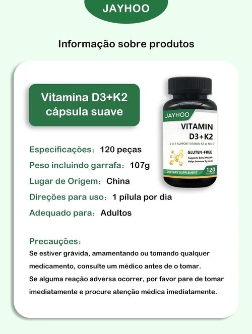 Cápsulas de Vitamina D3 + K2 | Saúde dos Ossos, Imunidade e Coração | Suplemento Natural