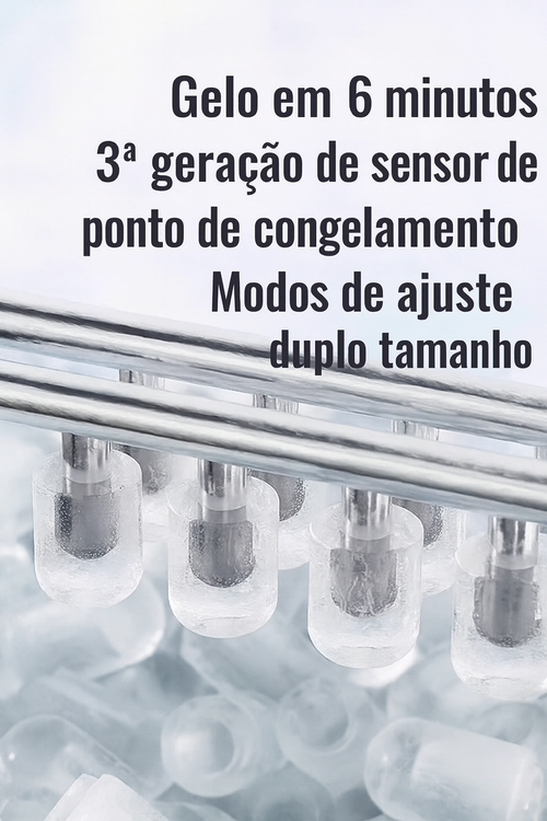 Máquina de Gelo Portátil 12KG/Dia – Gelo em 6 Minutos, Duas Tamanhos, Autolimpeza, Silenciosa e Ideal para Angola