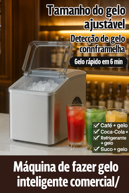 Máquina de Gelo Portátil 12KG/Dia – Gelo em 6 Minutos, Duas Tamanhos, Autolimpeza, Silenciosa e Ideal para Angola