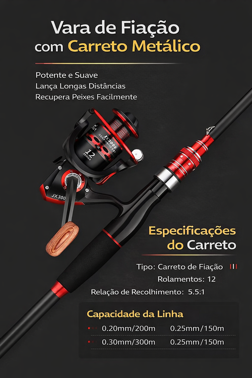 Vara de Pesca em Fibra de Carbono Profissional com Carreto Metálico | Arremesso Longo