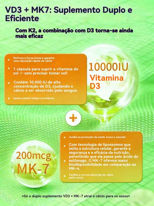 Cápsulas de Vitamina D3 + K2 | Saúde dos Ossos, Imunidade e Coração | Suplemento Natural