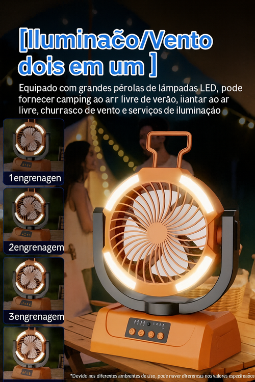 Ventilador Portátil 10000mAh com Luz LED – Vento Forte 360°