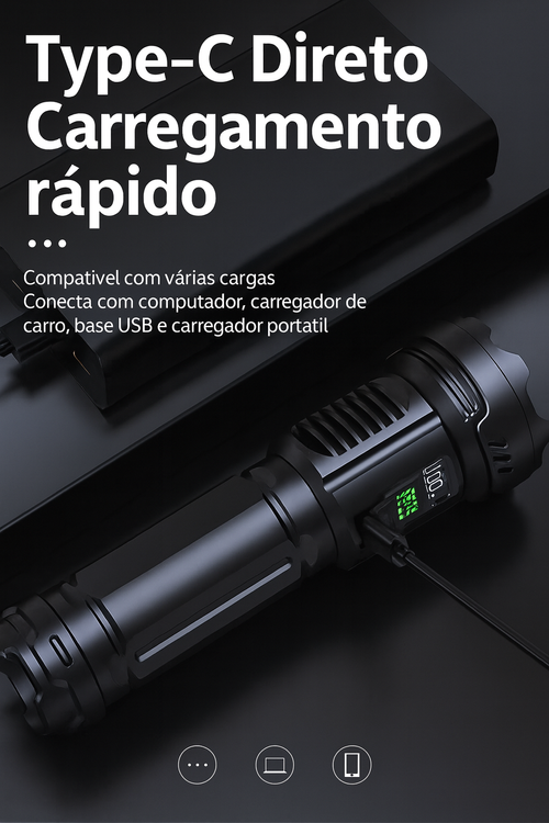 Lanterna Potente 7800m com Super Alcance | Lanterna Recarregável Type-C | LED Ultra Forte para Segurança, Pesca, Caça e Uso Doméstico em Angola | Bateria 3600mAh de Longa Duração | Lanterna à Prova de Chuva e Alta Resistência