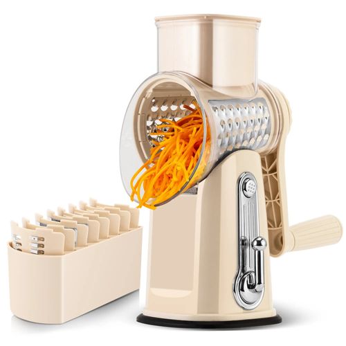Rotary Cheese Grater Hand Crank Food Chopper with Handle, 5 Well-Designed Blades, Strong Suction Cup Base