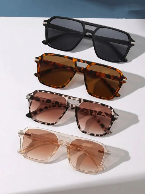 😎4 Pairs Multicolor Fashion Trendy Casual PC Frame Sunglasses, Dual Bridge Pilot Square Eyewear, Retro Hong Kong Style, Ideal for Daily Commute, Street Photography, Vacation Photoshoots and Dates