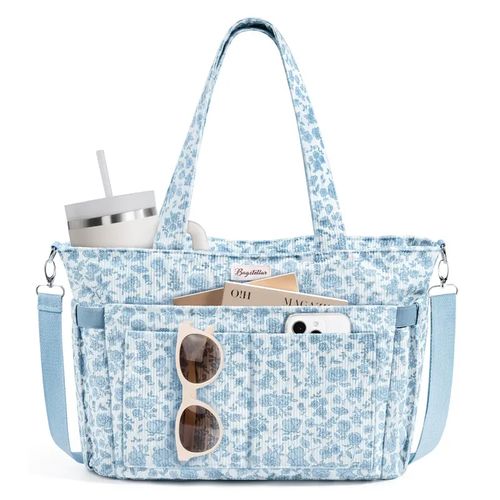👜Corduroy Tote Bag for Women, Laptop Work Bags with Large Cup Holder, Detachable Shoulder Strap Travel Handbag