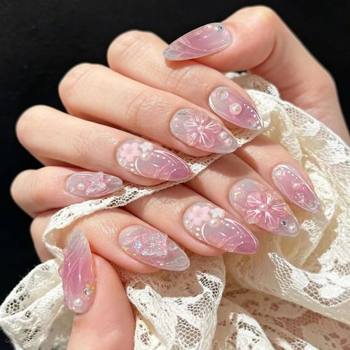 2026 Luxury Hand Painted Blue Gradient Camellia Press On Nails, Gold Foil French Tip Long Coffin False Nails, Nude Navy Floral Glue On Nails For Women Daily Party Wear