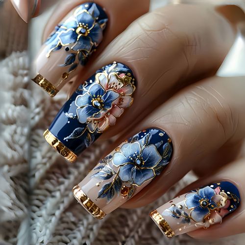 2026 Luxury Hand Painted Blue Gradient Camellia Press On Nails