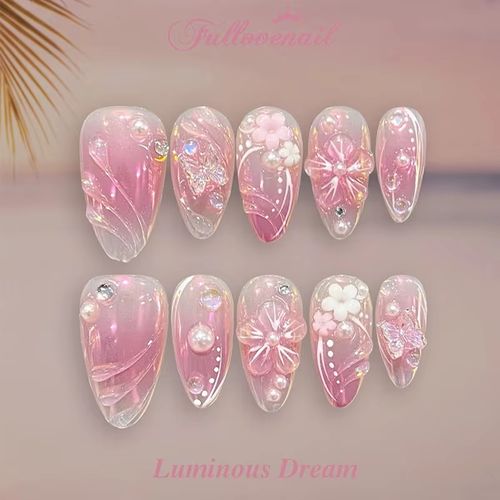 2026 Luxury Hand Painted Blue Gradient Camellia Press On Nails, Gold Foil French Tip Long Coffin False Nails, Nude Navy Floral Glue On Nails For Women Daily Party Wear