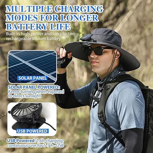 🔥2026 Year Sale  OFF - Wide Brim Solar Fan Outdoor Fishing Hat-Solar & USB Charging 11 sales
