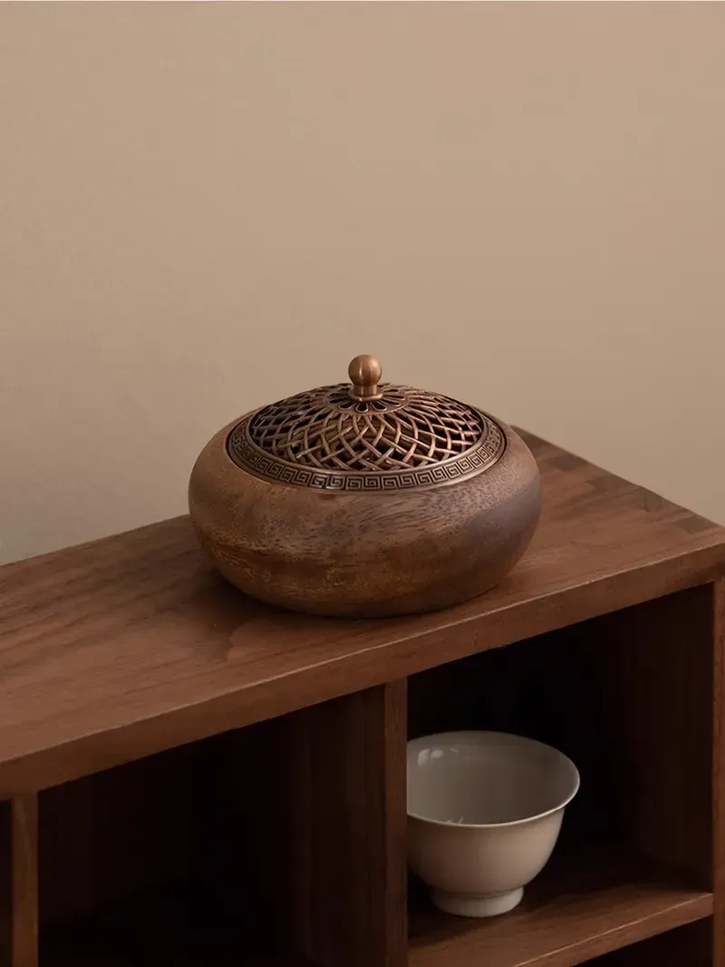 1pcs South American Walnut Retro Solid Wood Round Incense Burner, High-end Atmospheric Home Indoor Incense Burner