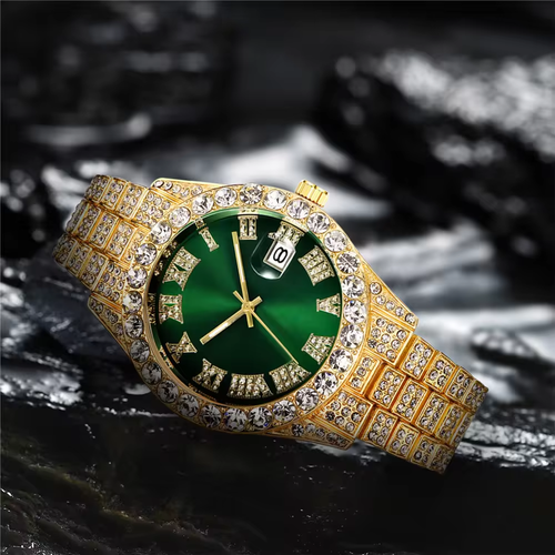 Men's Iced Out Fully Dial Quartz Diamond Watches Silver Gold Green Men Wrist Watch