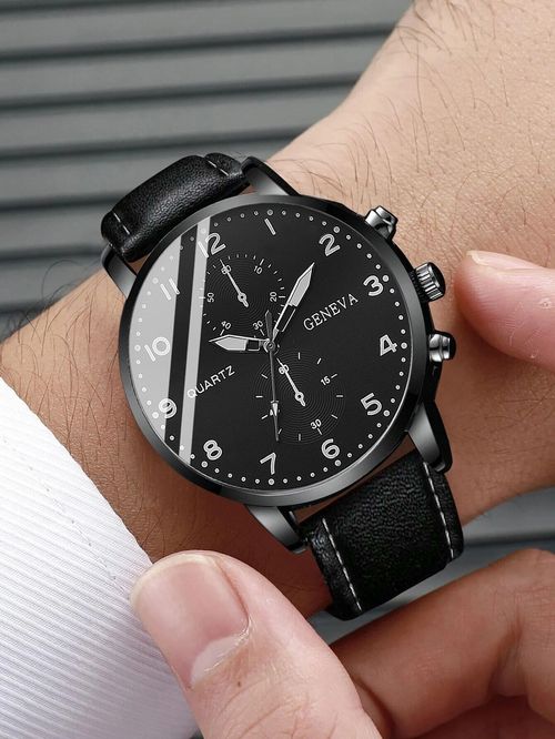 192039  set Men's Black Pu Leather Strap Quartz Watch Business And Fashionable Wristwatch With Woven Pu Leather Bracelet