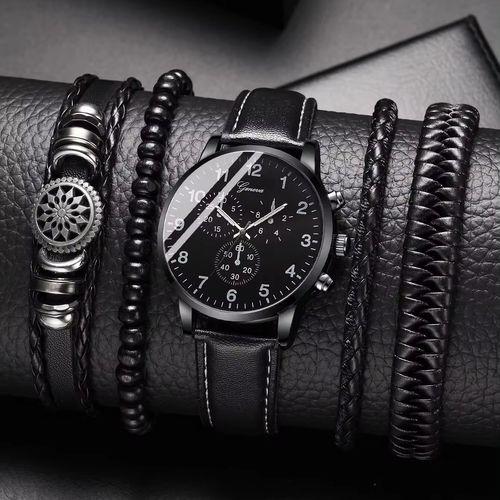 192039  set Men's Black Pu Leather Strap Quartz Watch Business And Fashionable Wristwatch With Woven Pu Leather Bracelet